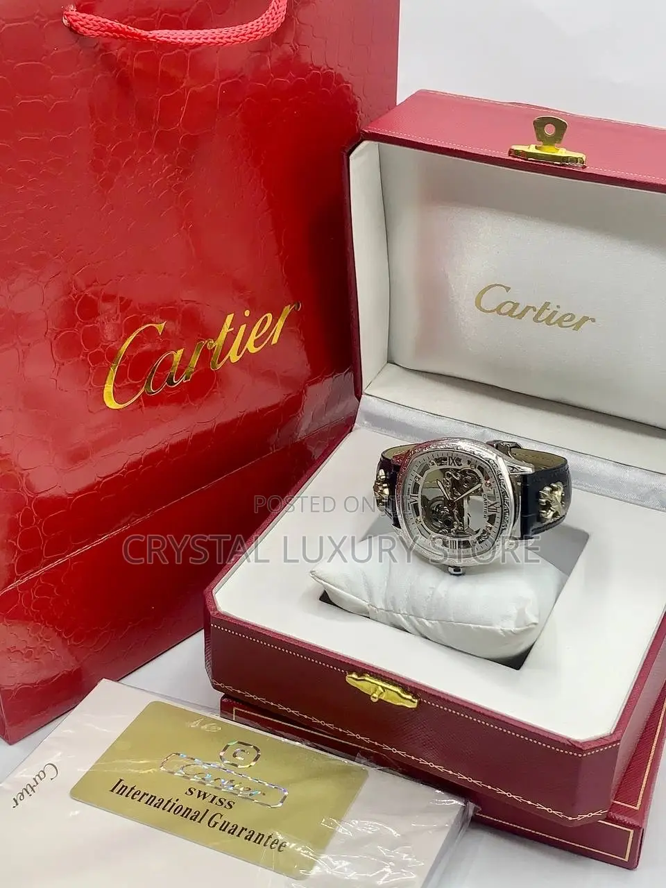 Cartier Quality Luxury Men Genuine Leather Automatic Engine Wristwatch