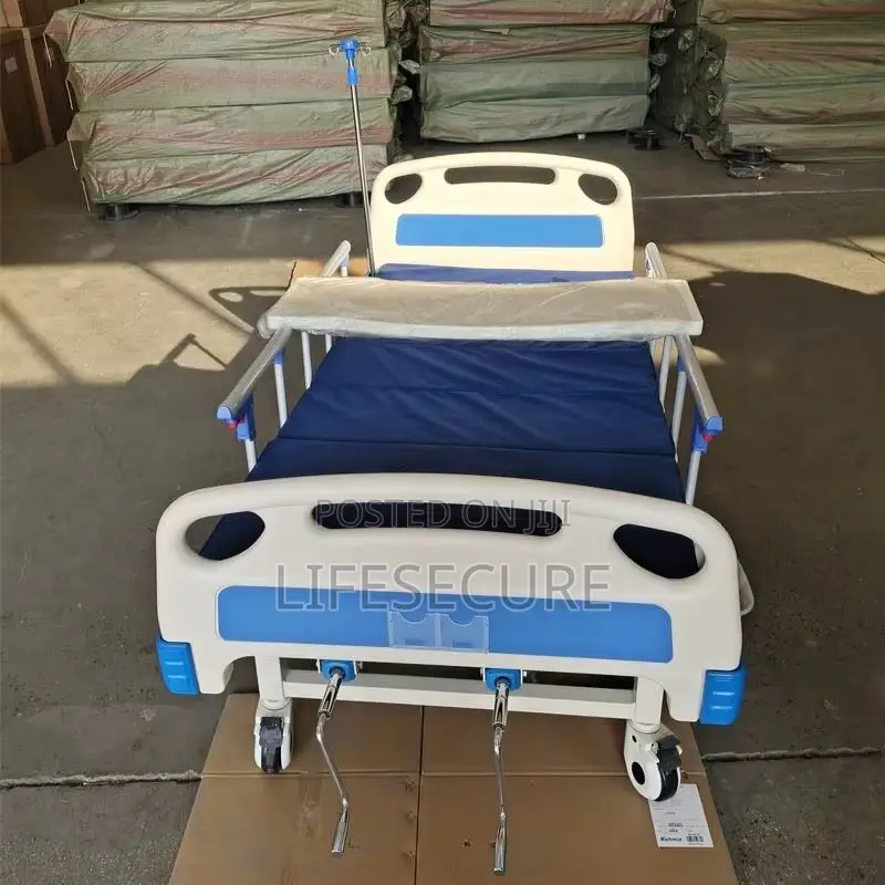 Manual Crank Dual Function Hospital Bed With Overbed Table, Iv Pole