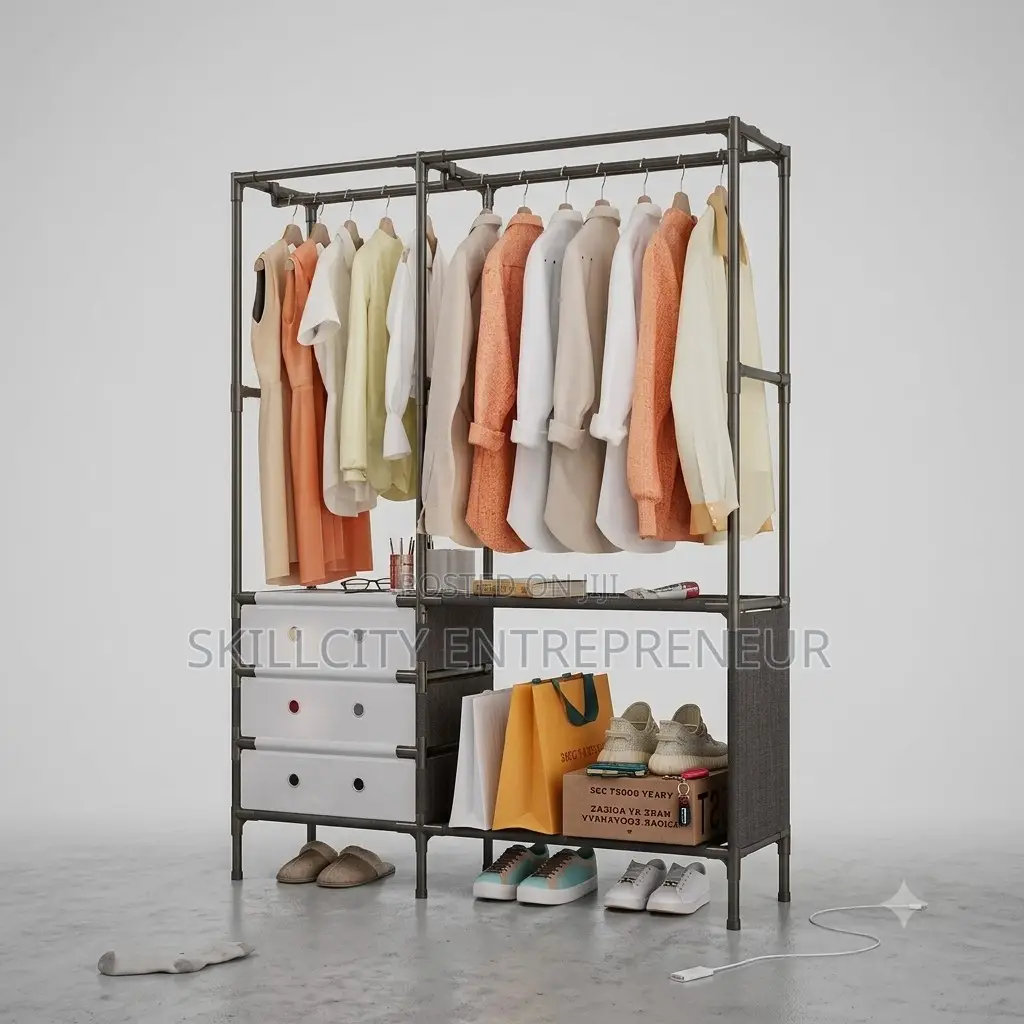 Portable Clothes Rack With Shelves and Drawers