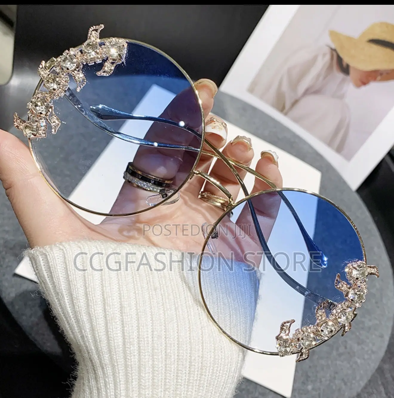 New Frameless Trim Diamond Sunglasses Fashion Round Rhinestones
