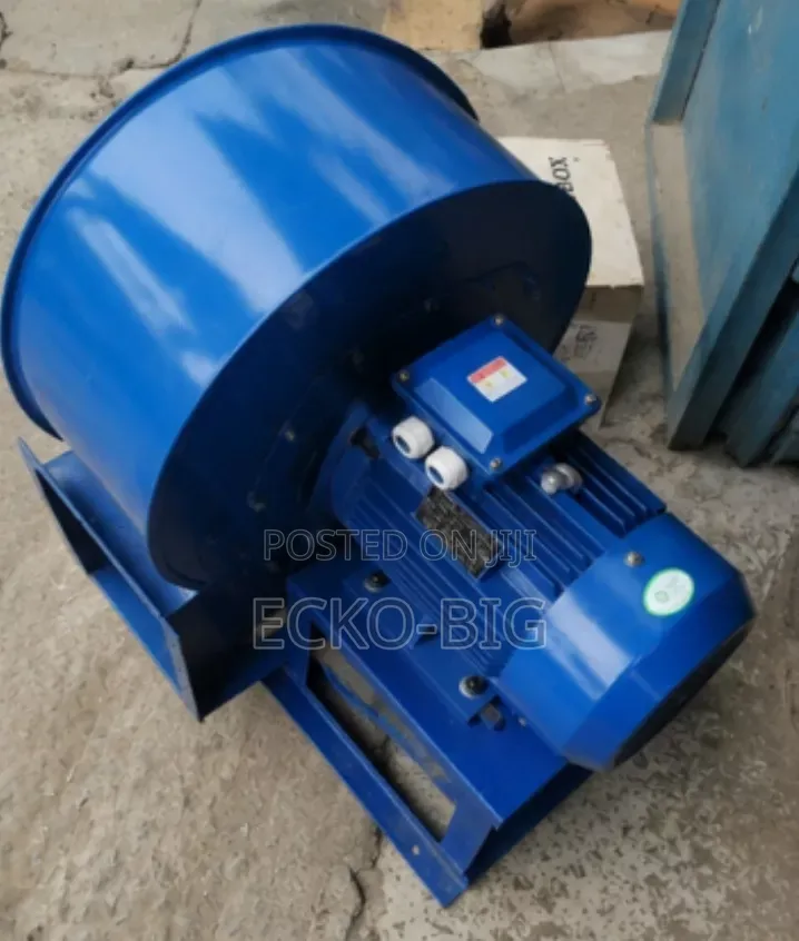 Blue Industrial Centrifugal Fan Blower With a Red Intake Nozzle.