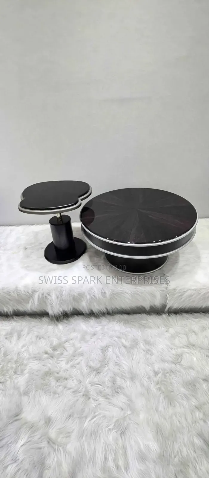 Luxury 2-in-1 Black Round Center Table + Side Table - Glossy Top