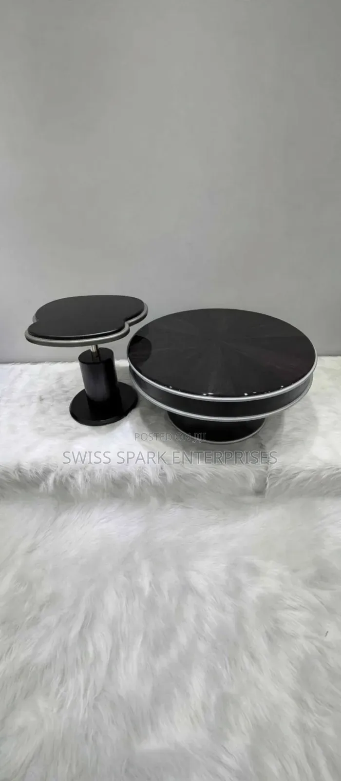 Luxury 2-in-1 Black Round Center Table + Side Table - Glossy Top