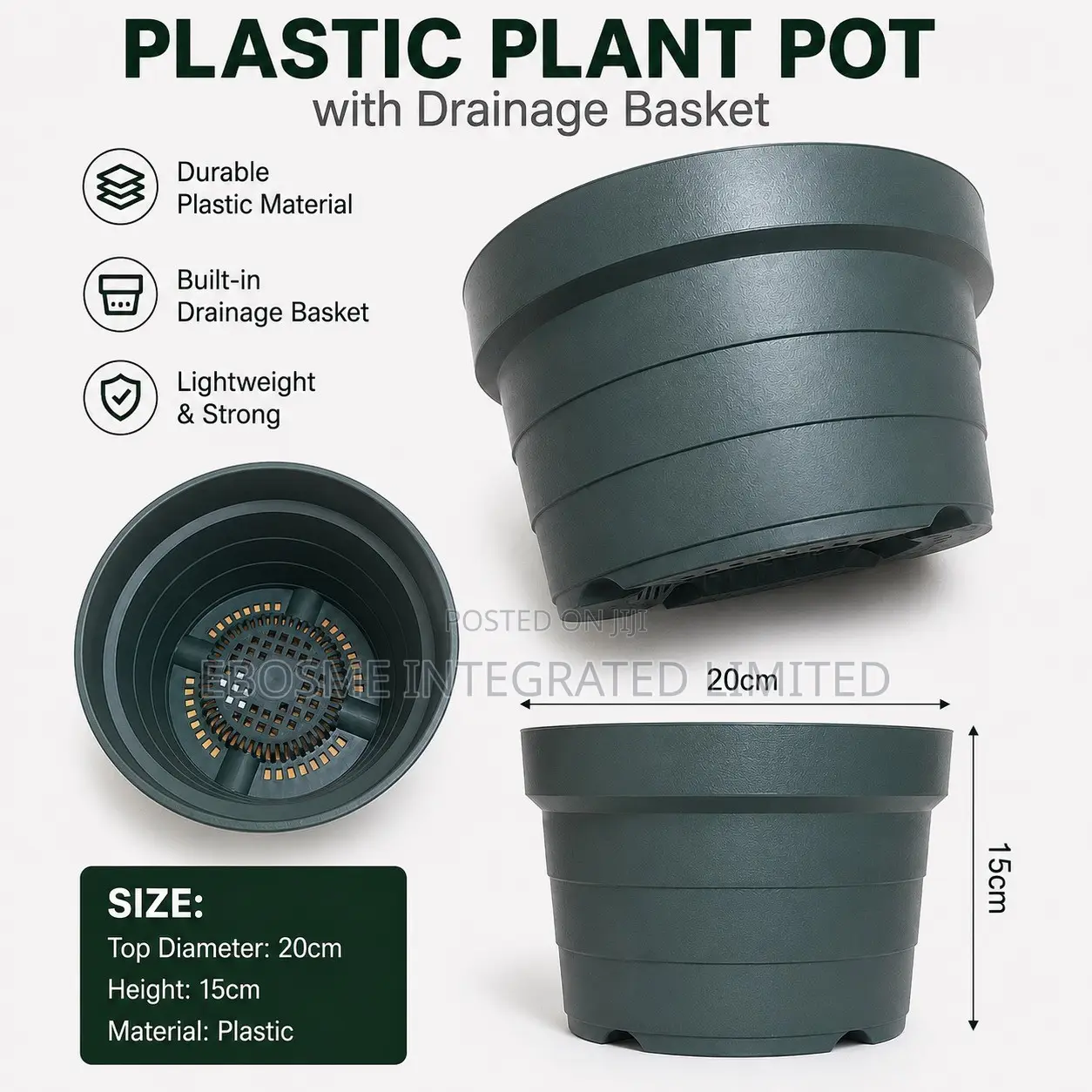 Dark Green Plastic Flower Plant Pot With Drainage Base