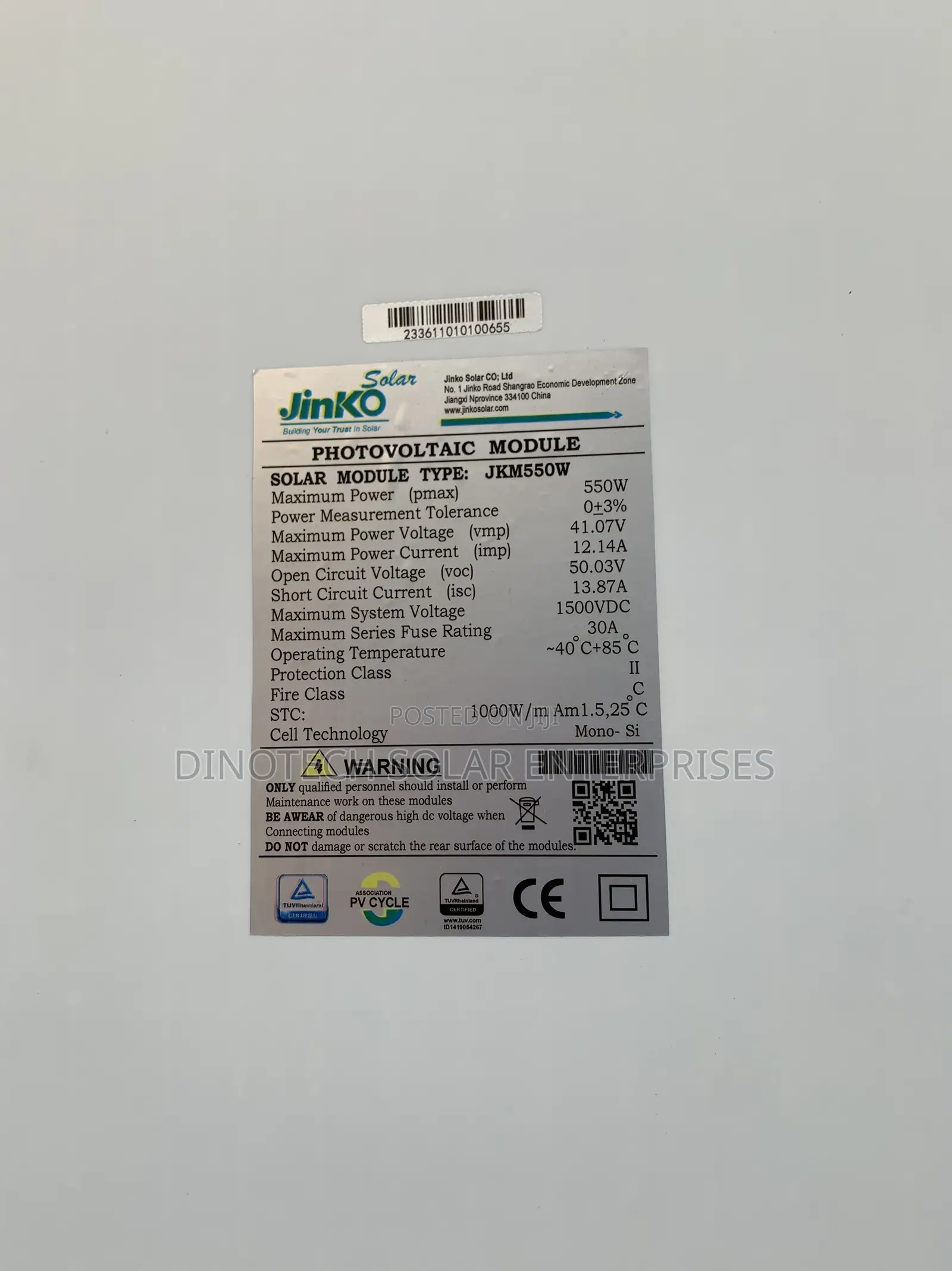120cells Non Bifacial Half Cut 550w Jinko Solar Panel
