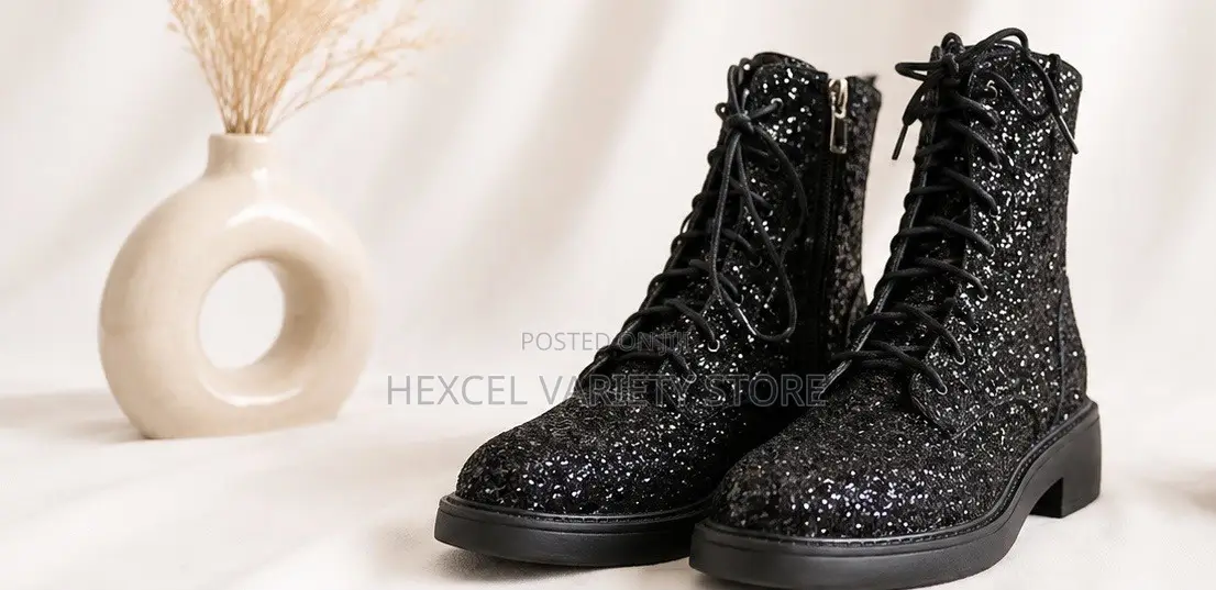 Luxury Ladies Black Glitter Lace-Up Ankle Boots