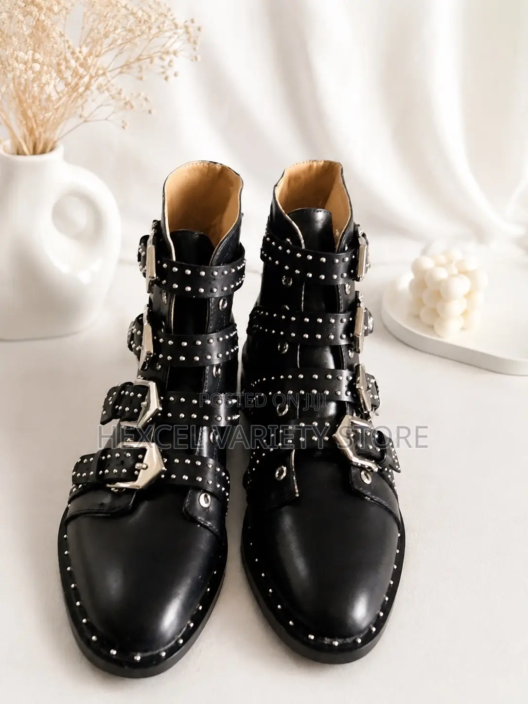 Luxury Black Studded Buckle Ankle Boots for Ladies