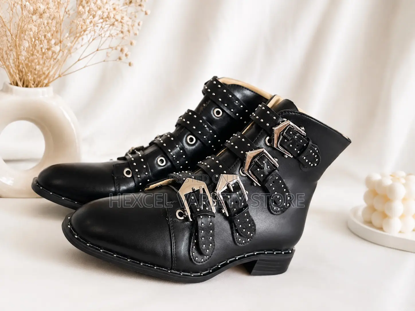 Luxury Black Studded Buckle Ankle Boots for Ladies