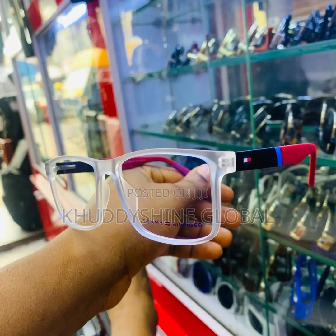 Frosted Clear-Frame Tommy Hilfiger Eyeglasses Featuring Red, White,