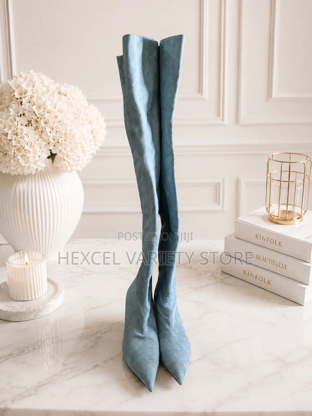 Luxury Light Blue Pointed-Toe Boots for Ladies