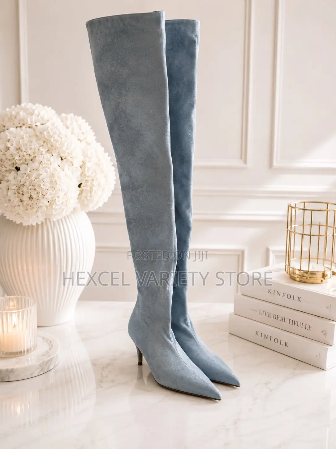Luxury Light Blue Pointed-Toe Boots for Ladies