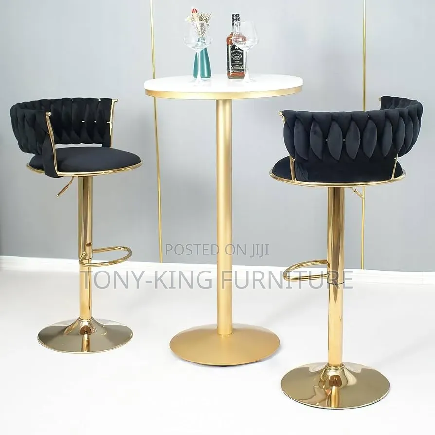 Modern Pedestal Bar Set Featuring a Round White Faux-Marble Tabletop.