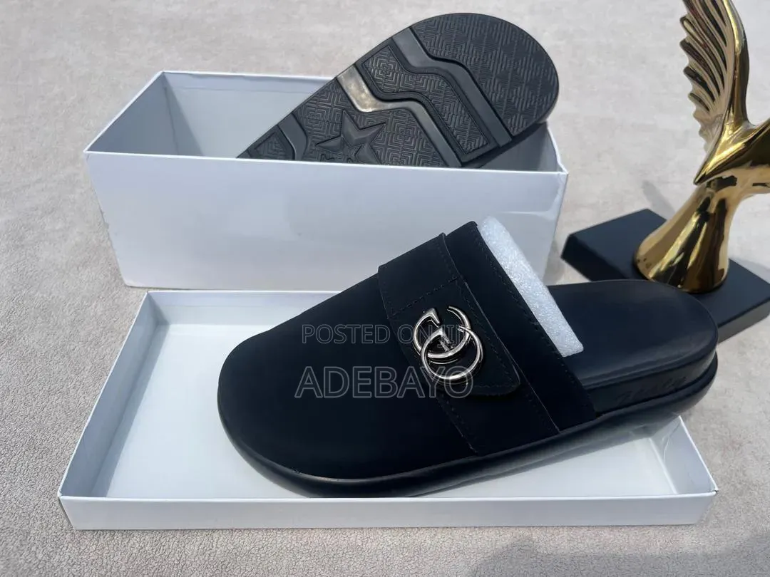 Men's Black Leather Slide Sandals