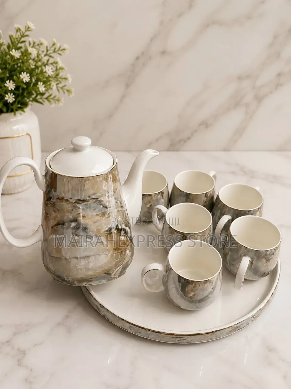 7in1 Rotating Base Ceramic Jug and Tea Cup Set Atm