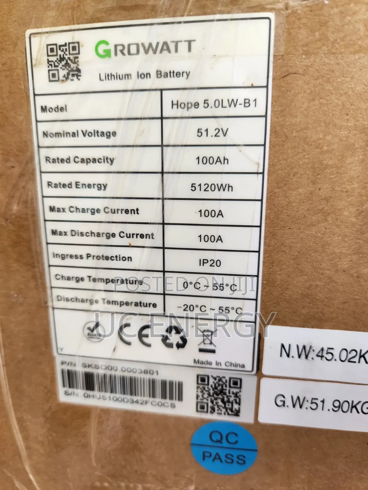 5.12kwh 51.2v 100ah Growatt Lithium Ion Batteries