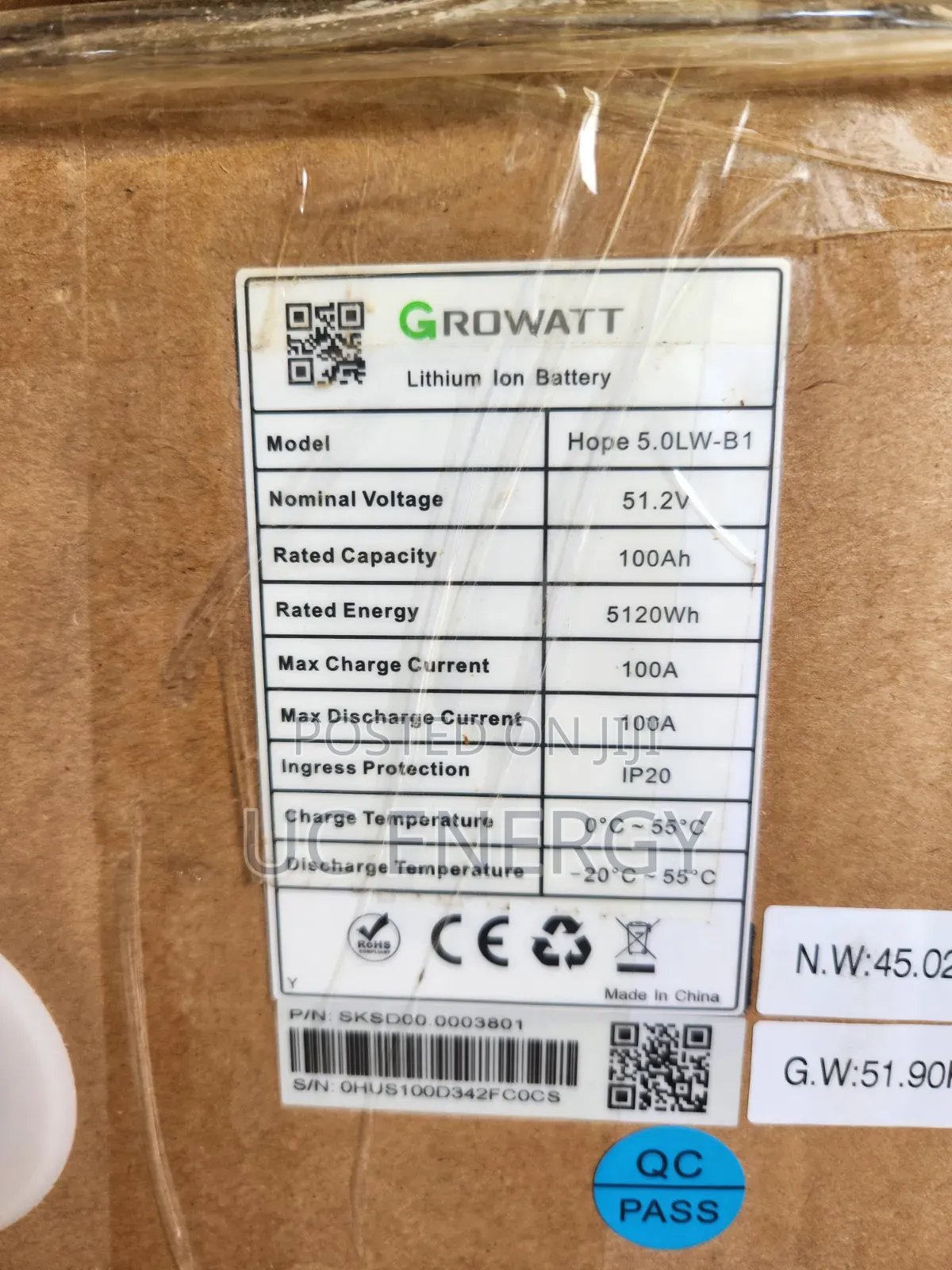 5.12kwh 51.2v 100ah Growatt Lithium Ion Batteries