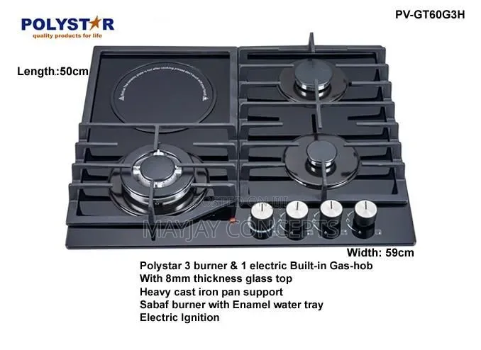 POLYSTAR 3 Gas + 1 Hotplate Built-in Glass Hob | PV-GT60G3H