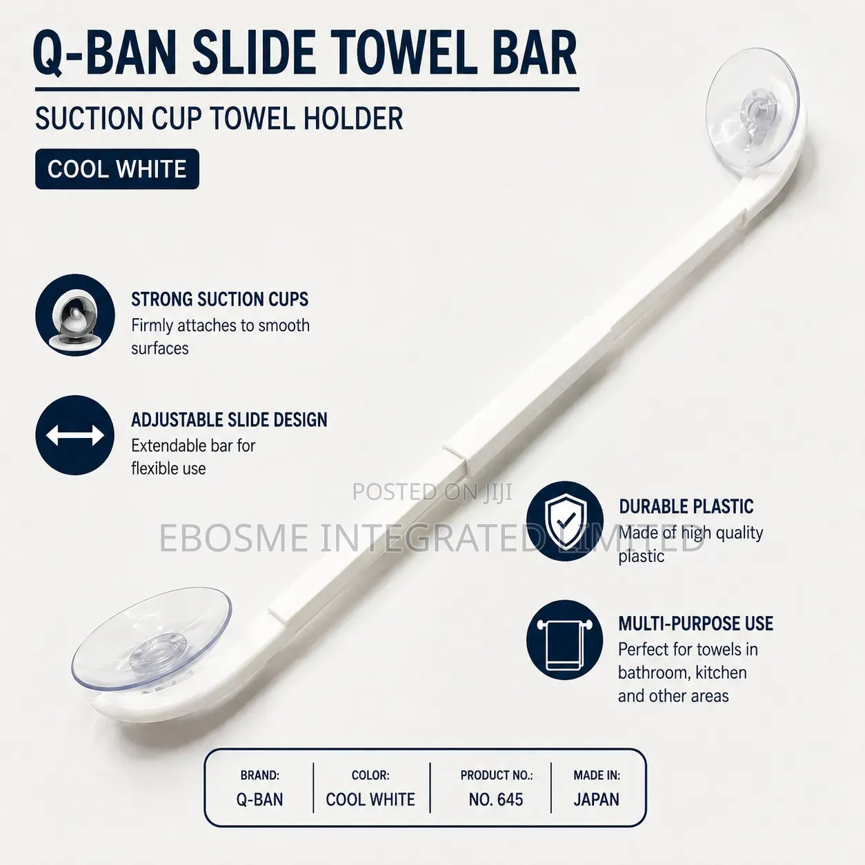 Q-Ban Adjustable Suction Cup Slide Towel Bar – Cool White
