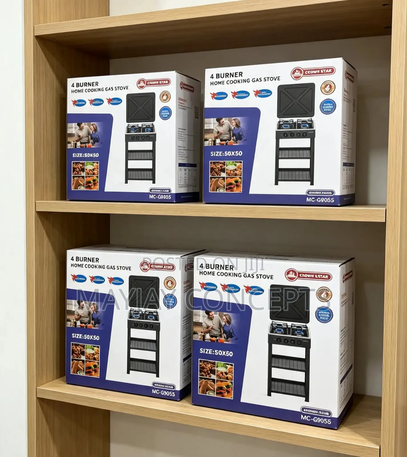 CROWN STAR 4-Burner Standing Gas Stove 50x50cm | Double Shelf