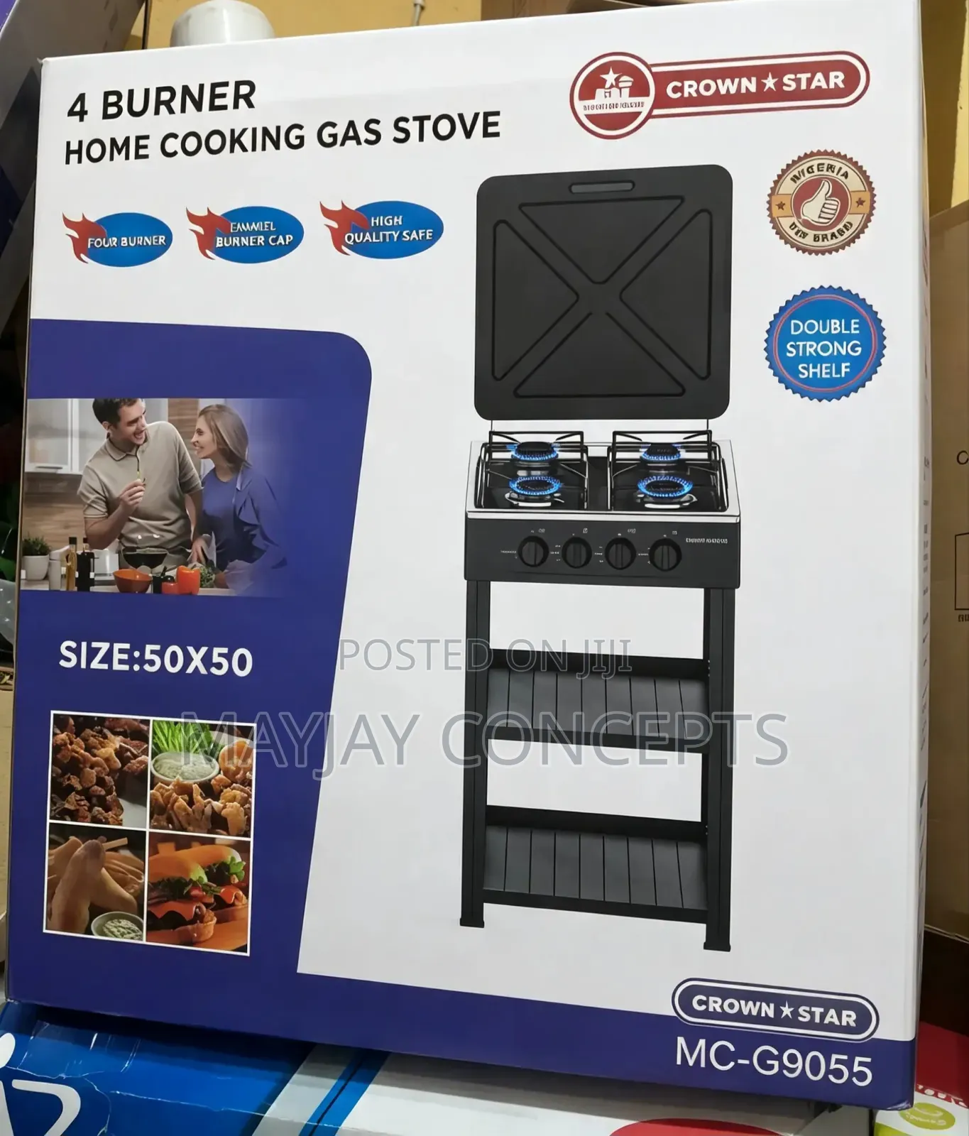 CROWN STAR 4-Burner Standing Gas Stove 50x50cm | Double Shelf