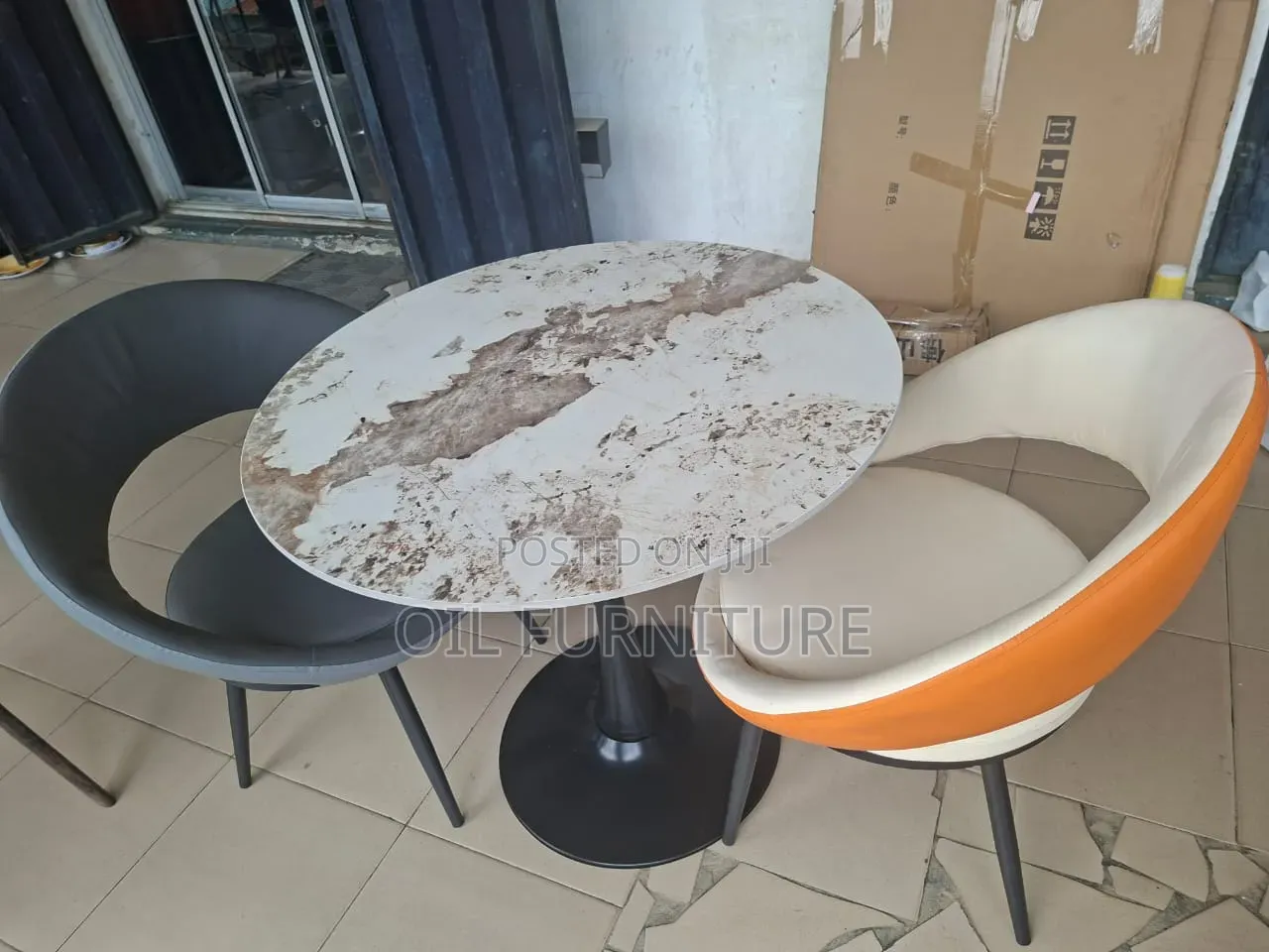 Modern 2-Seater Marble Top Coffee Table Set & Leather Chairs