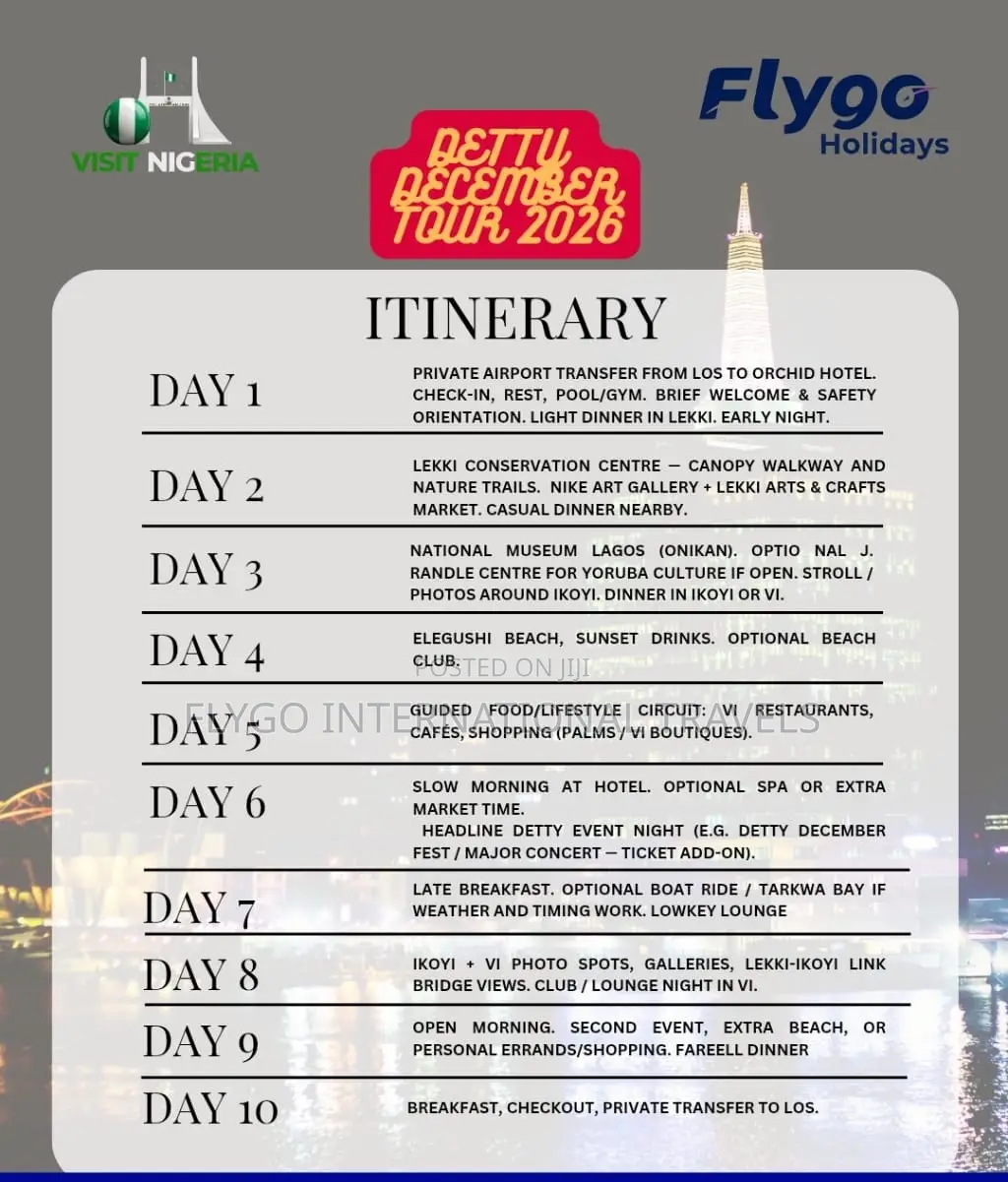 Lagos: 10-Day Detty December Tour With Hotel & Transfers