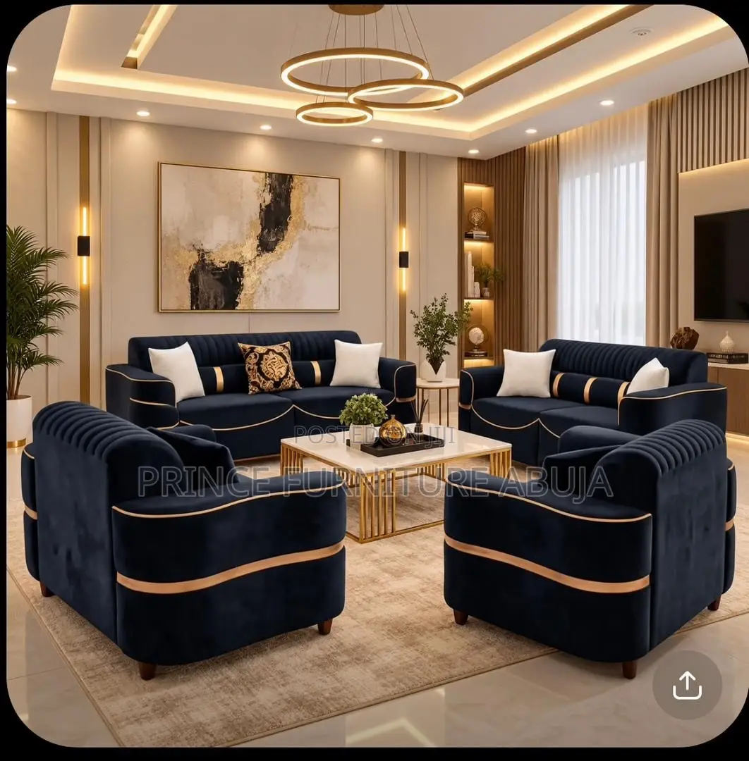 Premium Seller/ Luxury 7 Seater Navy Blue Sofa Set +Gold Trim