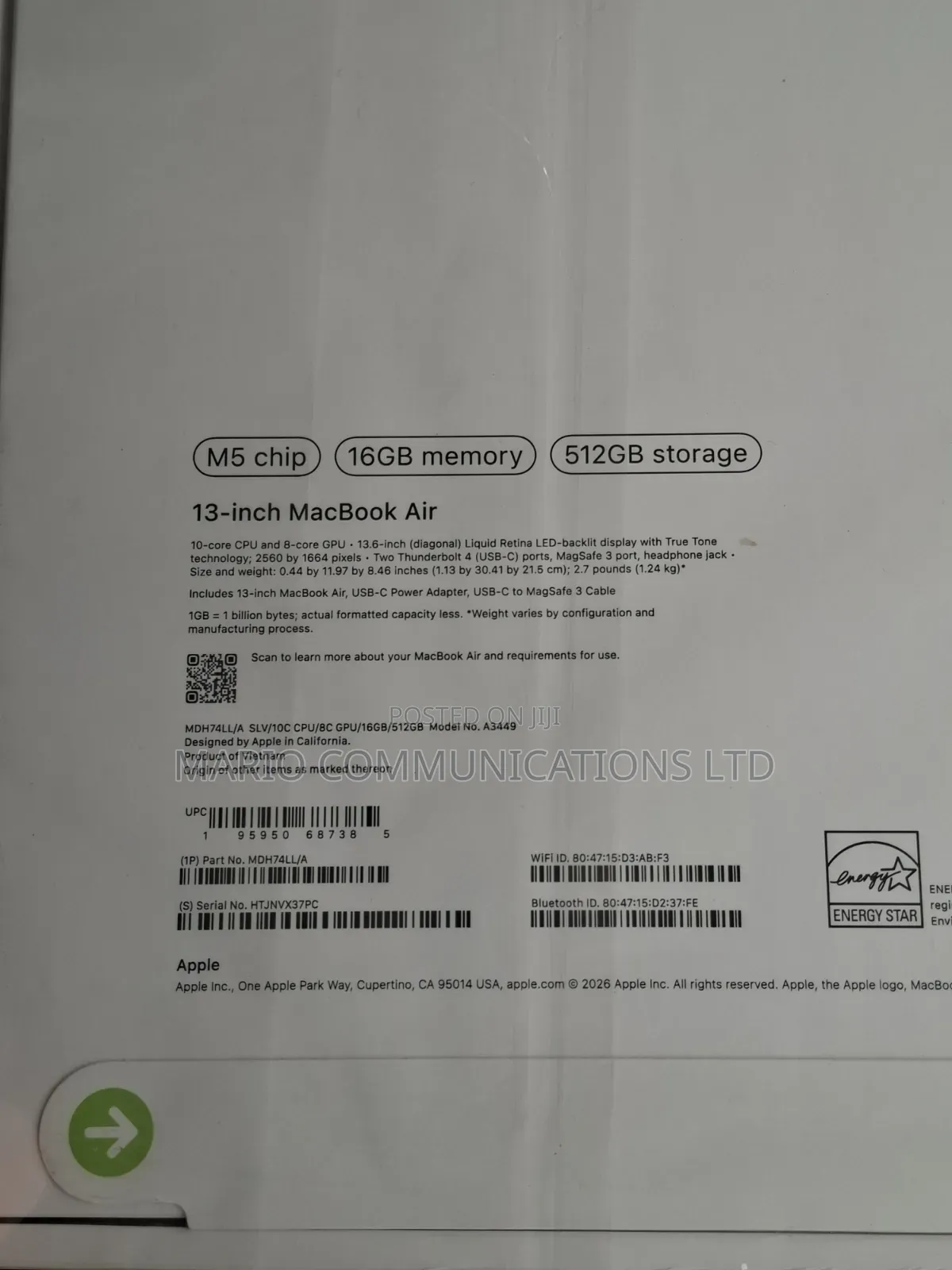 New Laptop Apple MacBook Air 8GB Apple M2 SSD 256GB