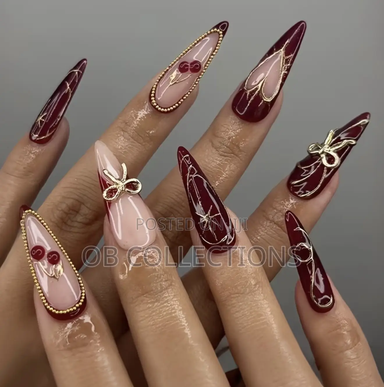 24pcs pLuxury Stiletto Press-on Nails Burgundy & Gold Cherry Art Set