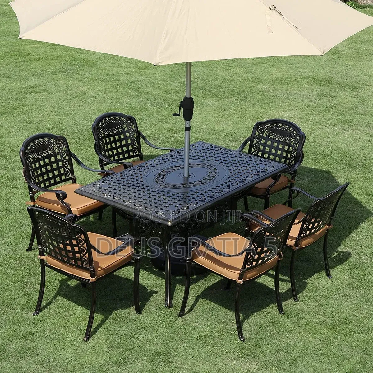 Black Wrought Iron Metal Outdoor Table and 6 Chairs With Cushions"