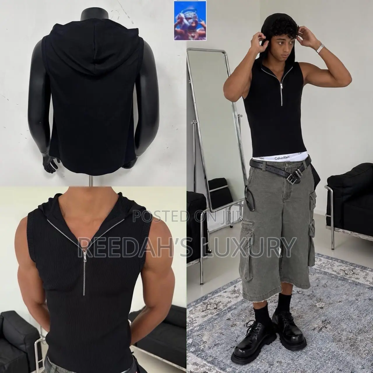 Ribbed Quarter-Zip Hooded Tank Top