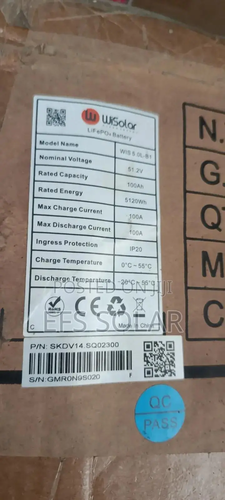 Wisolar 5.12kWh 51.2V 100Ah LiFePO4 Lithium Solar Battery