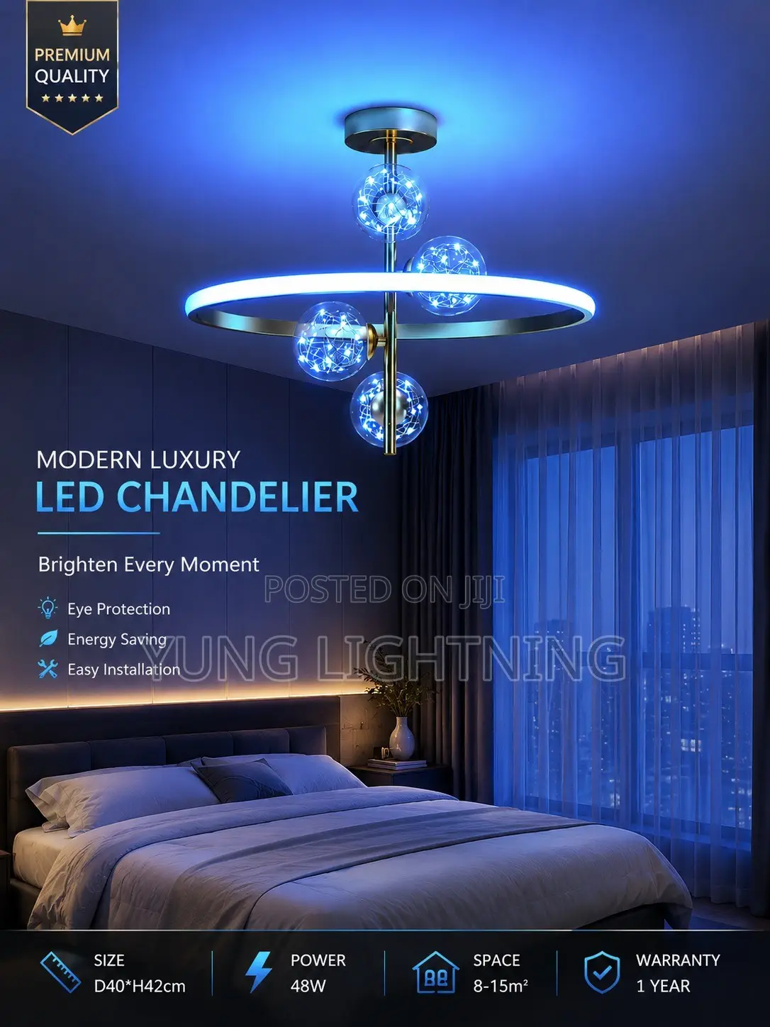 Modern Luxury Blue LED Chandelier Gold Ring Design