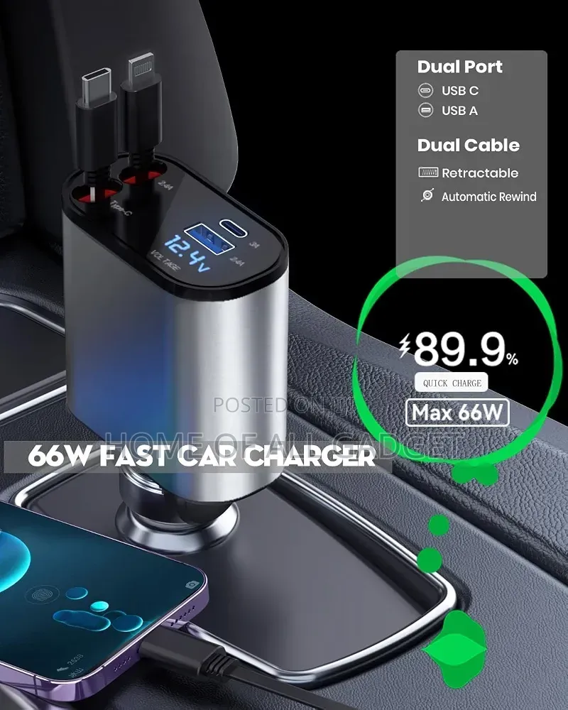 4-in-1 Car Charger With Dual Retractable Cable, Dual Port USB C PD Fas