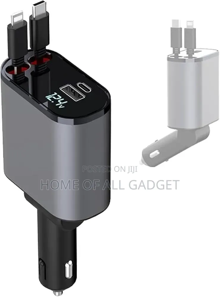 4-in-1 Car Charger With Dual Retractable Cable, Dual Port USB C PD Fas