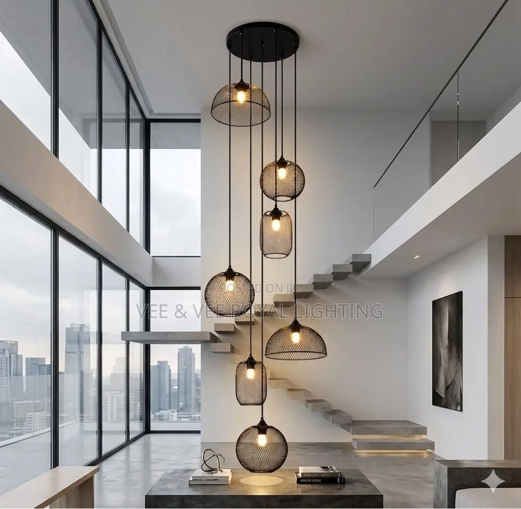 Modern 7-Drop Industrial Void/Staircase Chandelier–Luxury Mesh Pendant