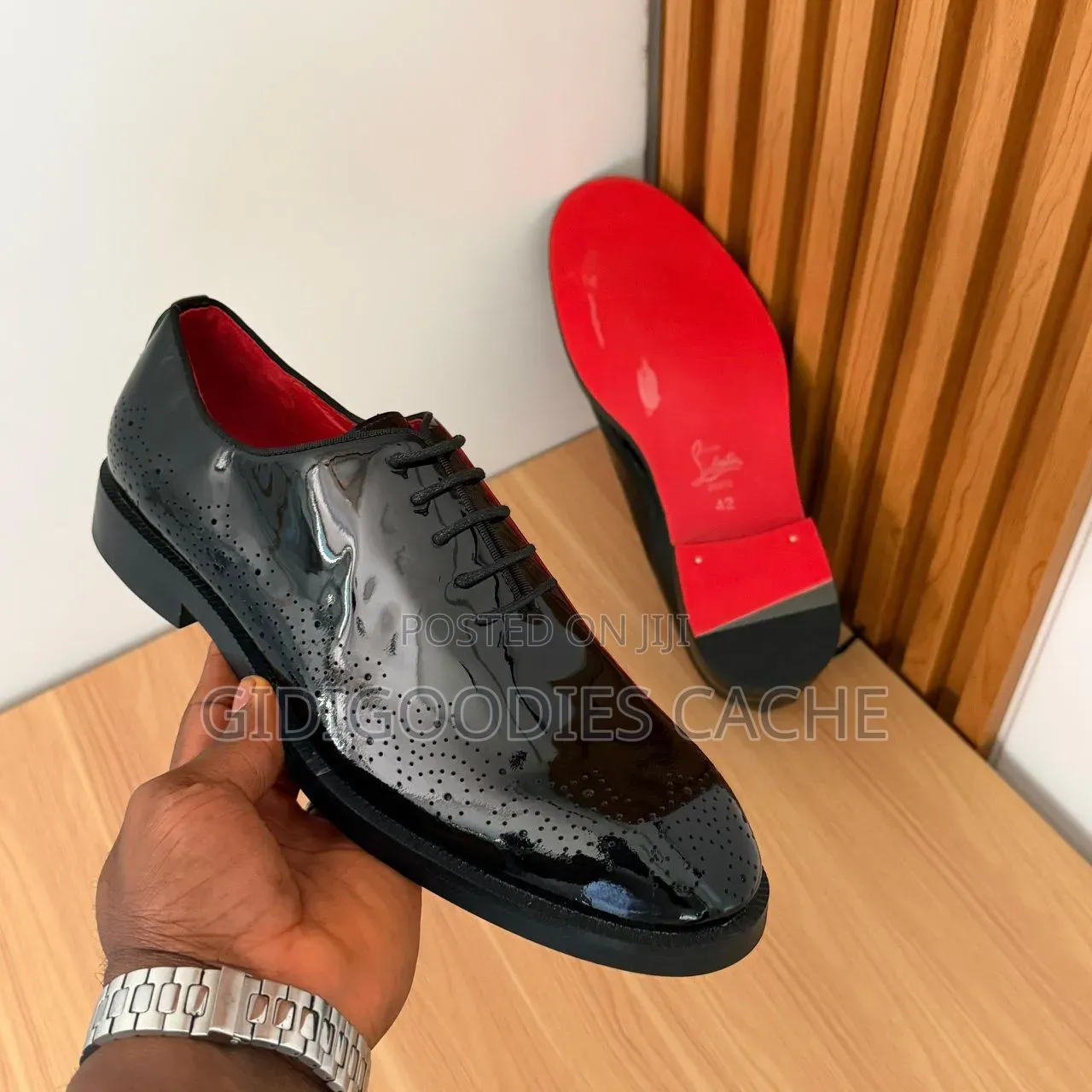 Men's Black Patent Leather Brogue Oxfords With Red Sole