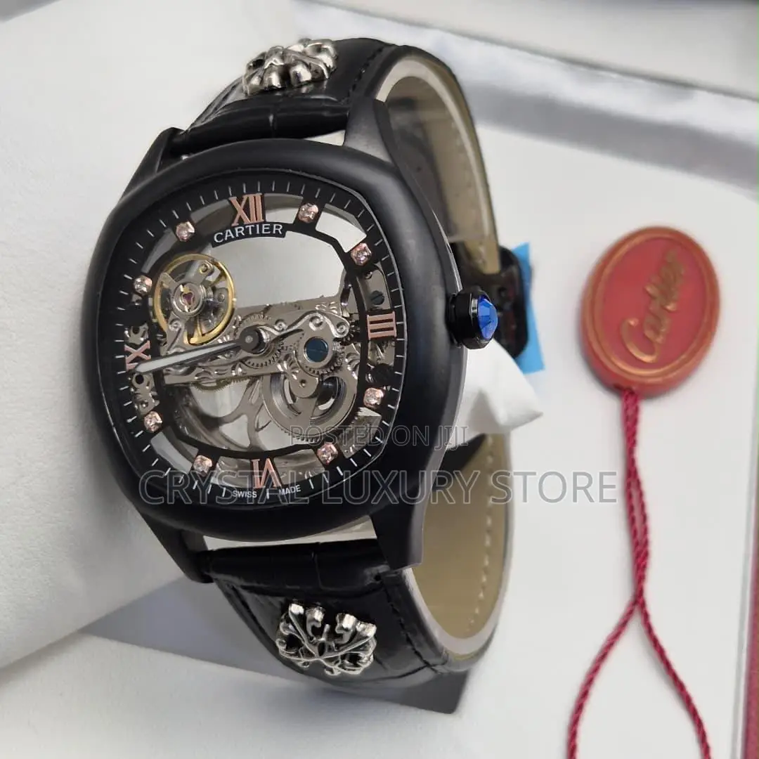 Cartier Quality Luxury Men Genuine Leather Automatic Engine Wristwatch