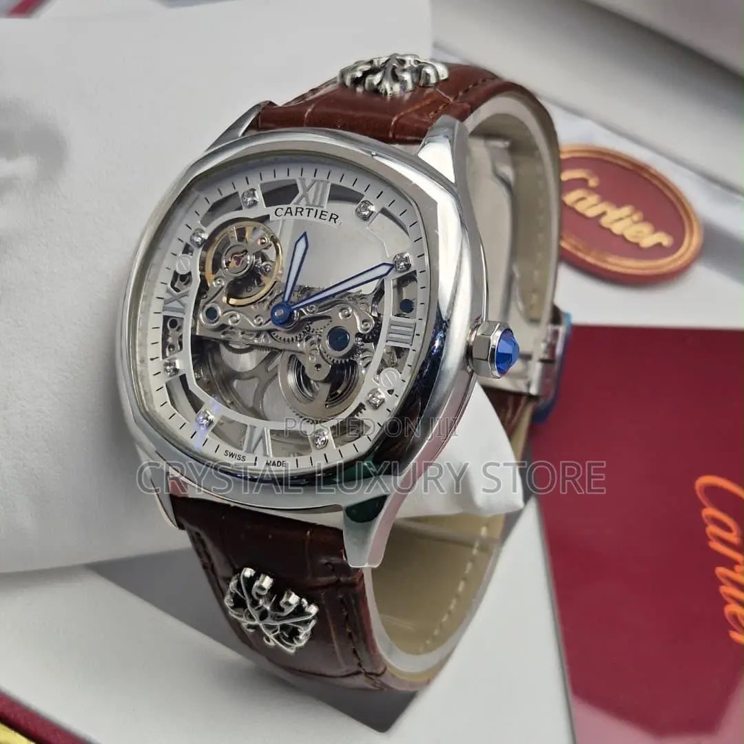 Cartier Quality Luxury Men Genuine Leather Automatic Engine Wristwatch