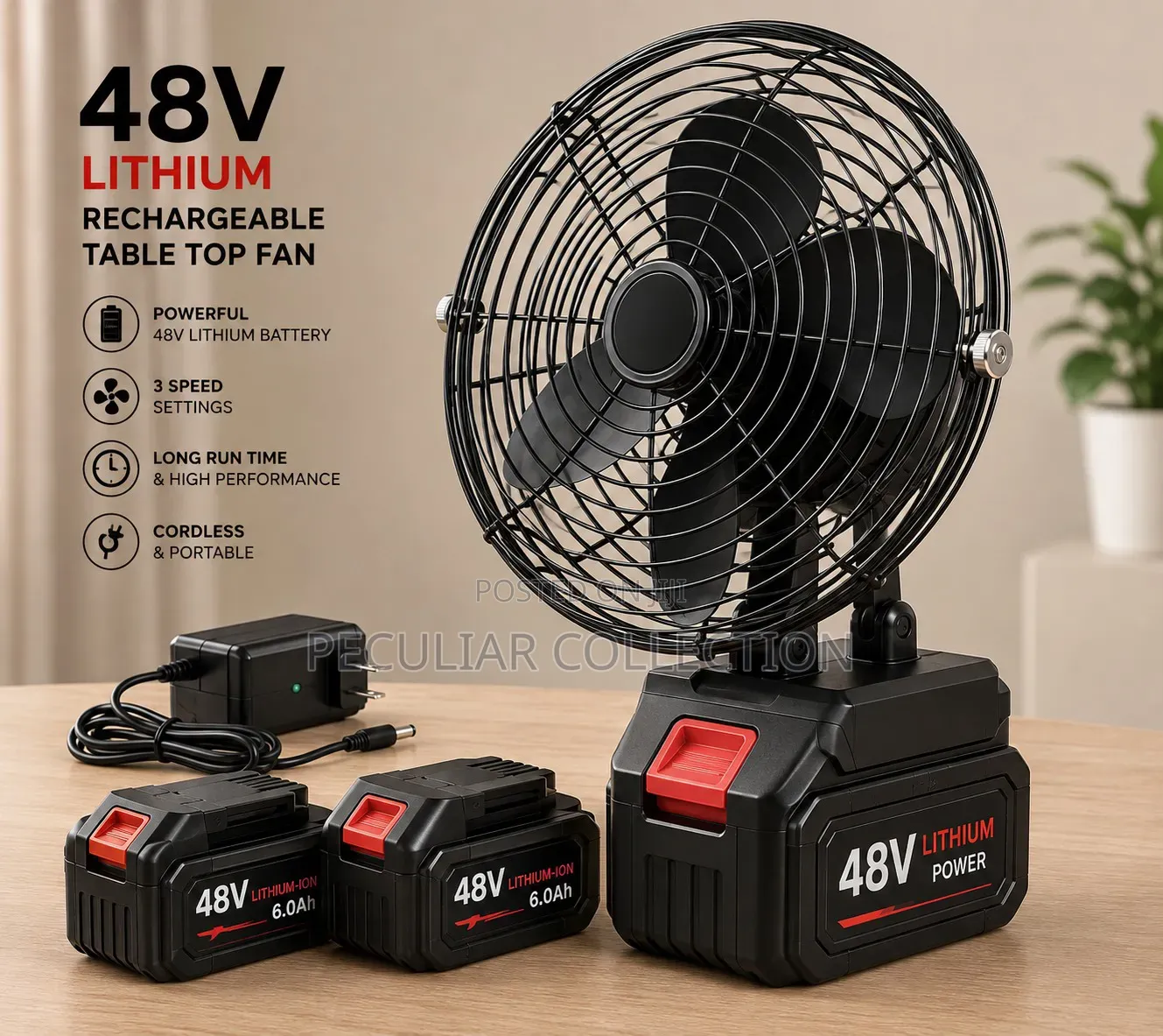 Rechargeable Lithium 48V Table Fan: 2 Free Batteries. Free Delivery