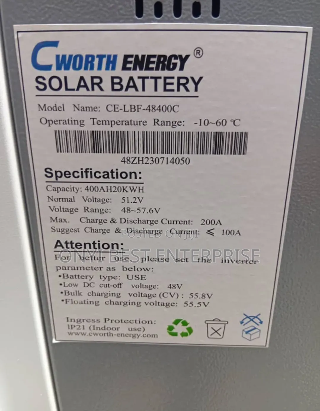 C Worth Energy Lithium Ion Battery 20kwh400ah51.2V New One