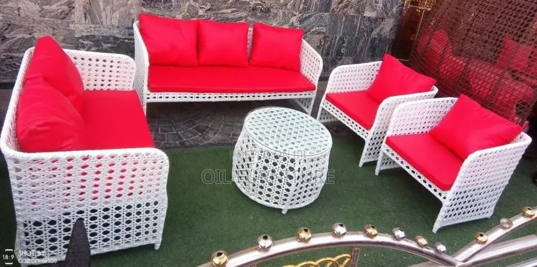 Modern Outdoor Synthetic Wicker Sofa Set With Red Cushions