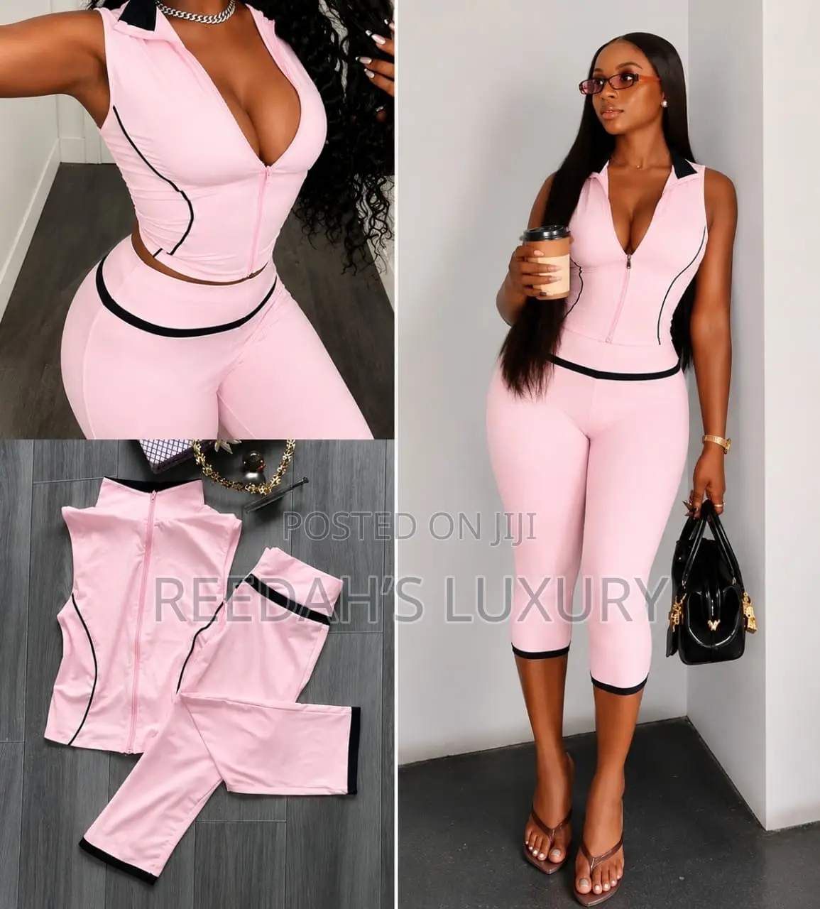 Contrast Zip-Up Cami Capri Set