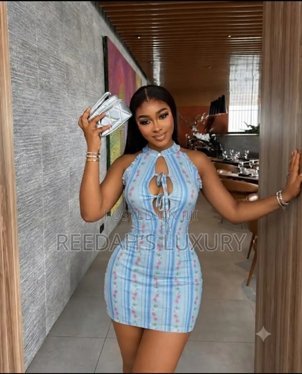 Blue Floral Keyhole Halter Mini Dress