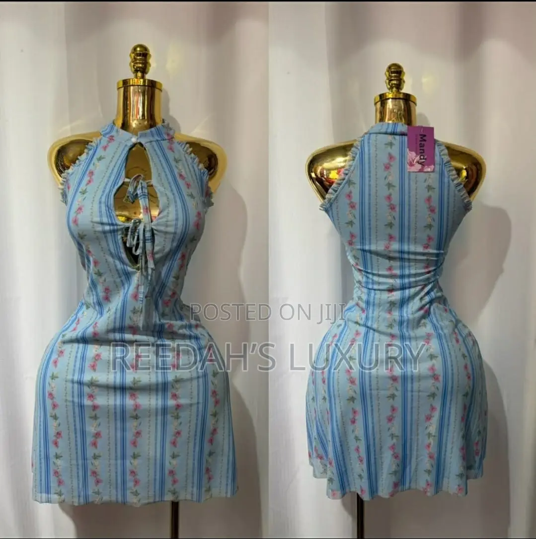 Blue Floral Keyhole Halter Mini Dress