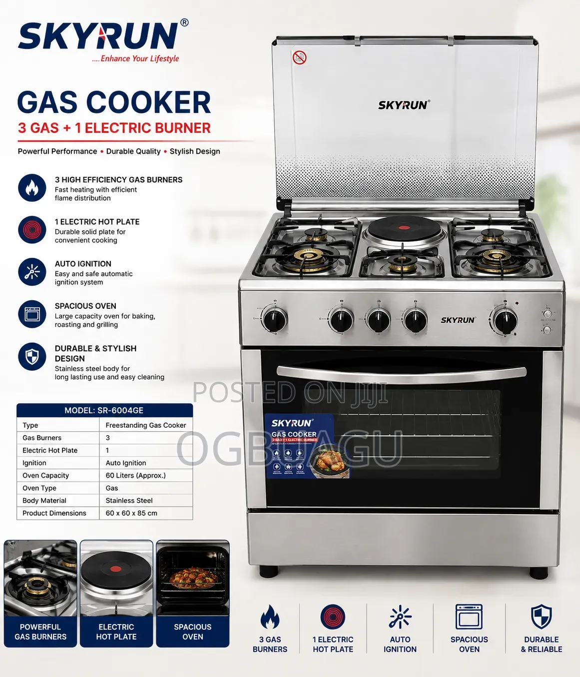 Skyrun Gas Cooker - 50/50 - 3 Gas 1 Electric Burner