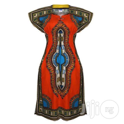 African Print Traditional Midi Dress - Orange
