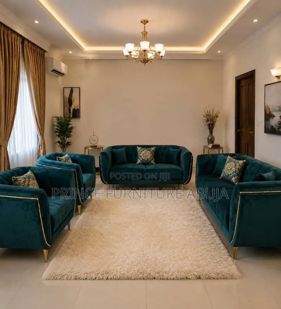 Premium Seller| Luxury Teal Velvet Sofa Set 7-Seater+Gold Trim - Abuja
