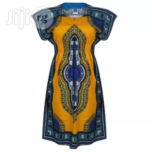 African Print Traditional Midi Dress - Yellow Blue