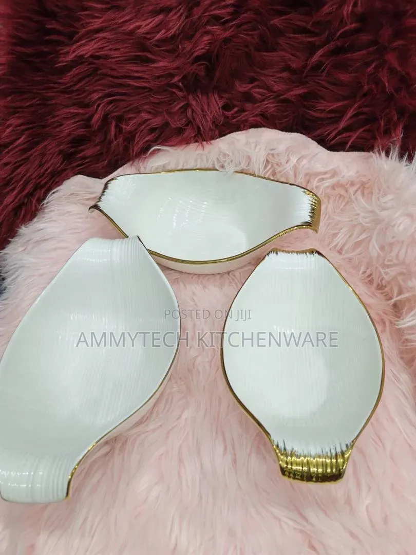 White and Gold Ceramic leaf Shaped Serving Bowls/Platter